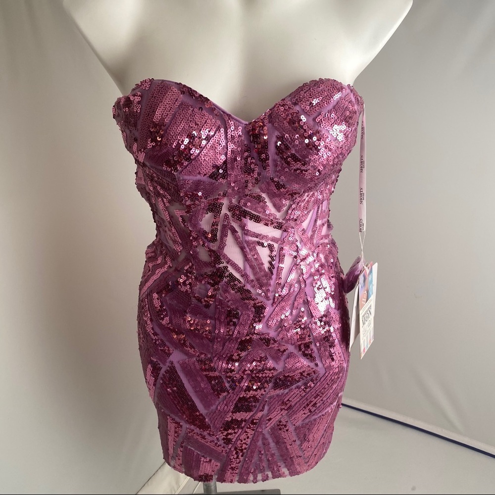 Mon Cheri Shorts lilac sequin strapless mini dress 2